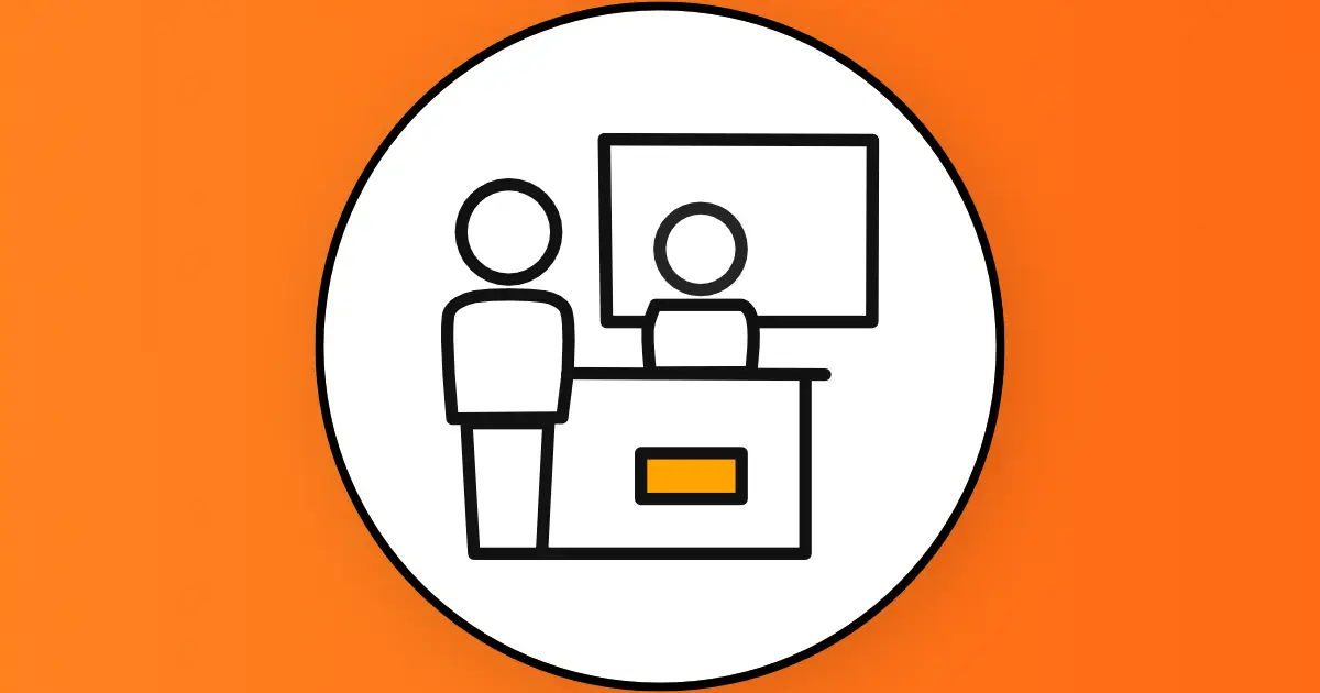 Two figures at event setting with counter and monitor in white circle on orange background, featured image for event video production in Frankfurt