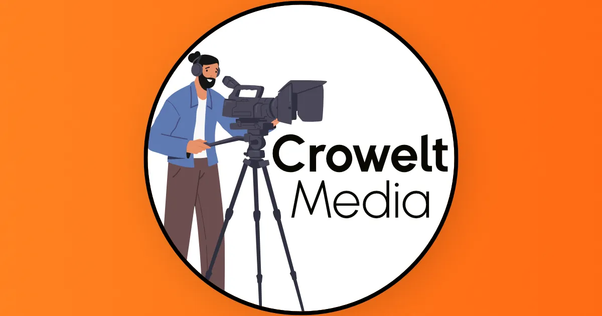 Cartoon-style video production team with cameraman, in white circle on orange background — featured image for Frankfurt video production homepage