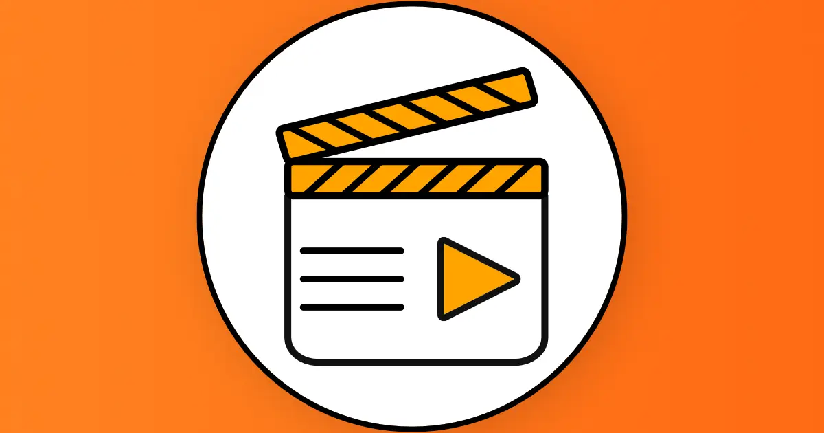 Clapperboard graphic in white circle on orange background, featured image for video production services in Frankfurt