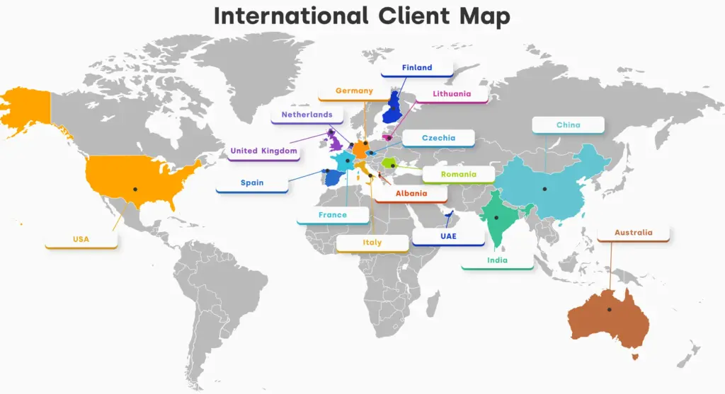 World map showing countries where our video production clients come from, including Germany, France, UK, USA, China, and others