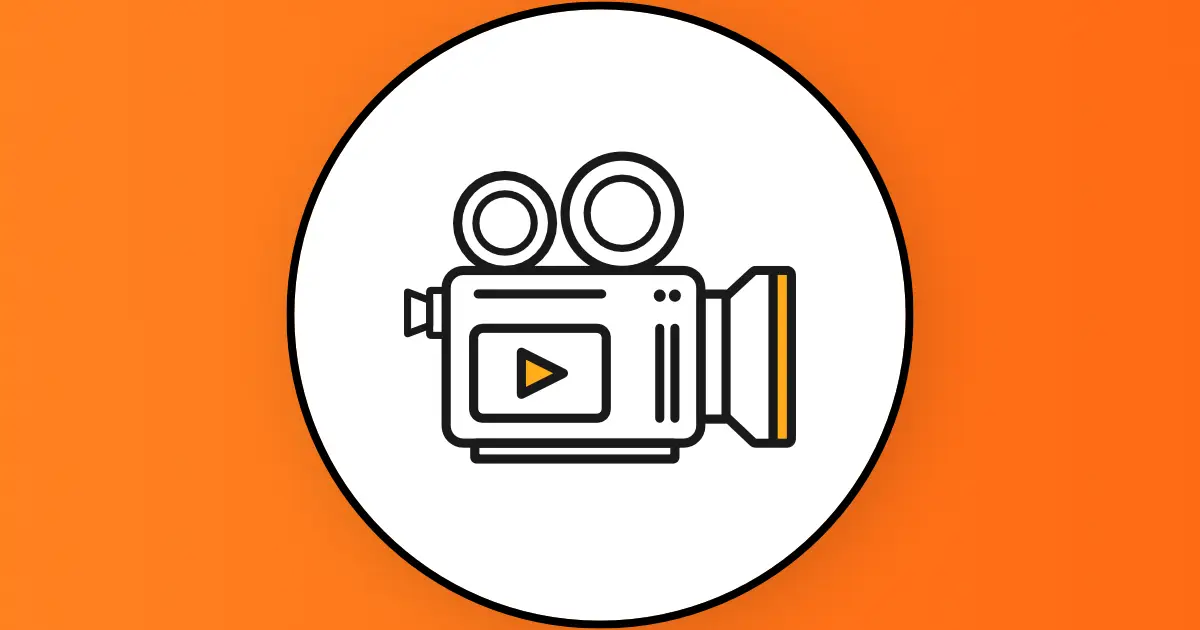 Video camera icon in white circle on orange background, featured image for videographer and cameraman services in Frankfurt
